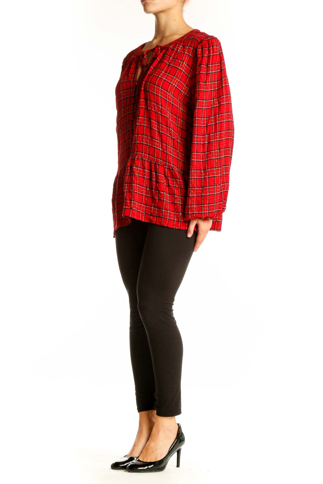 Front view of red plaid long sleeve peplum blouse from LOFT