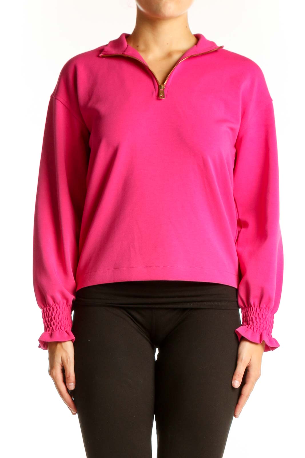 Front view of hot pink Scotch & Soda quarter-zip pullover top
