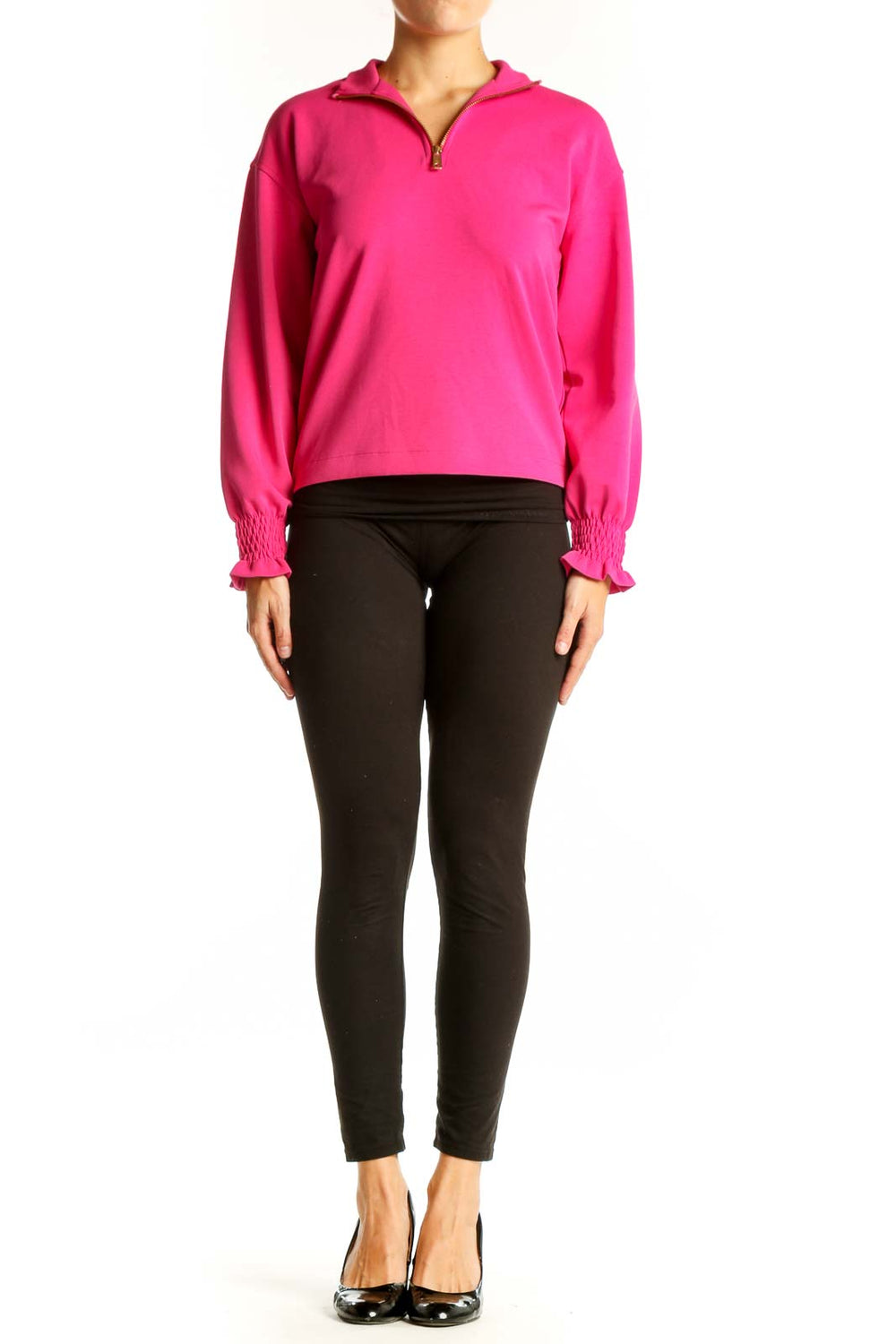 Front view of hot pink Scotch & Soda quarter-zip pullover top