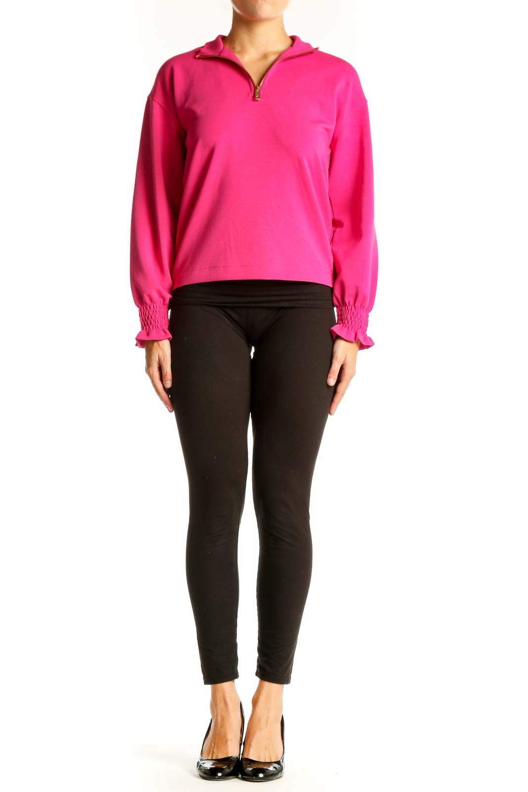 Front view of hot pink Scotch & Soda quarter-zip pullover top