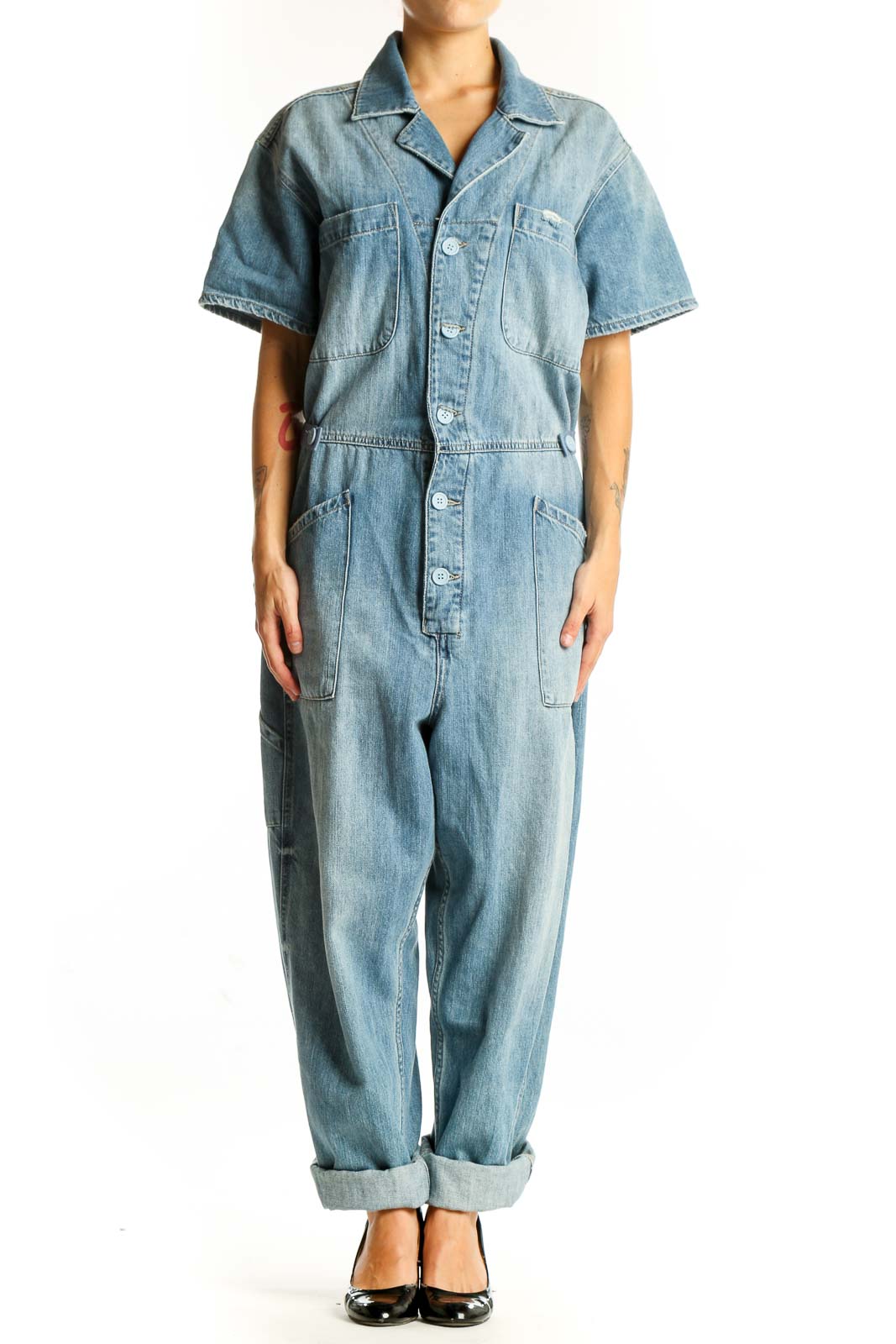 Front view of Pistola light blue denim short-sleeve jumpsuit