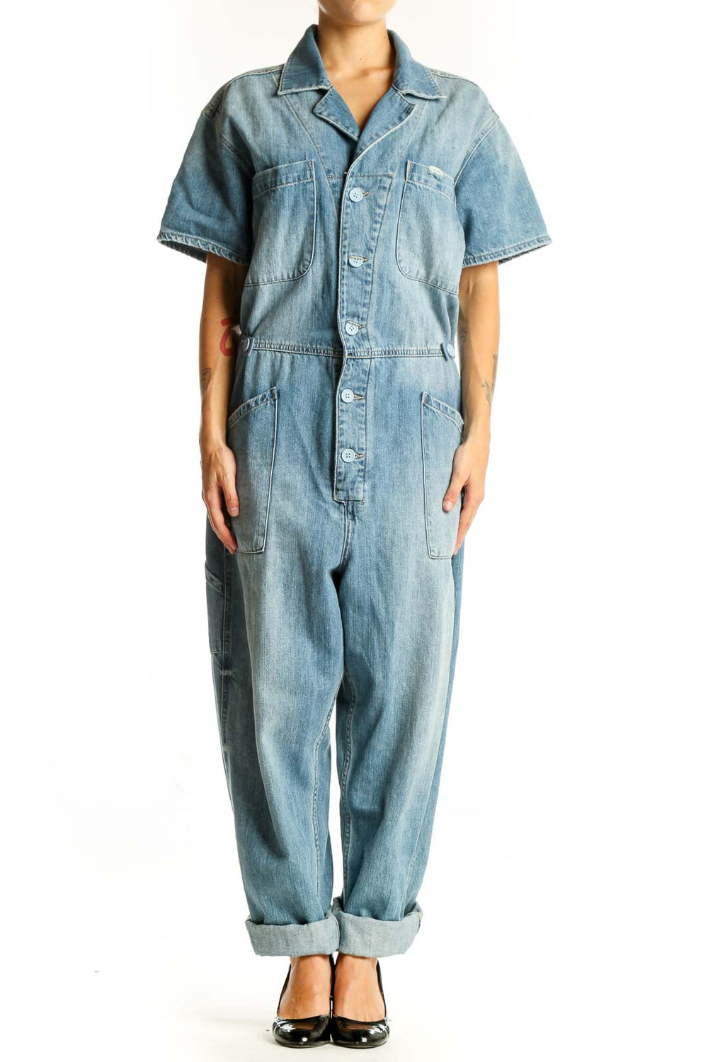 Front view of Pistola light blue denim short-sleeve jumpsuit