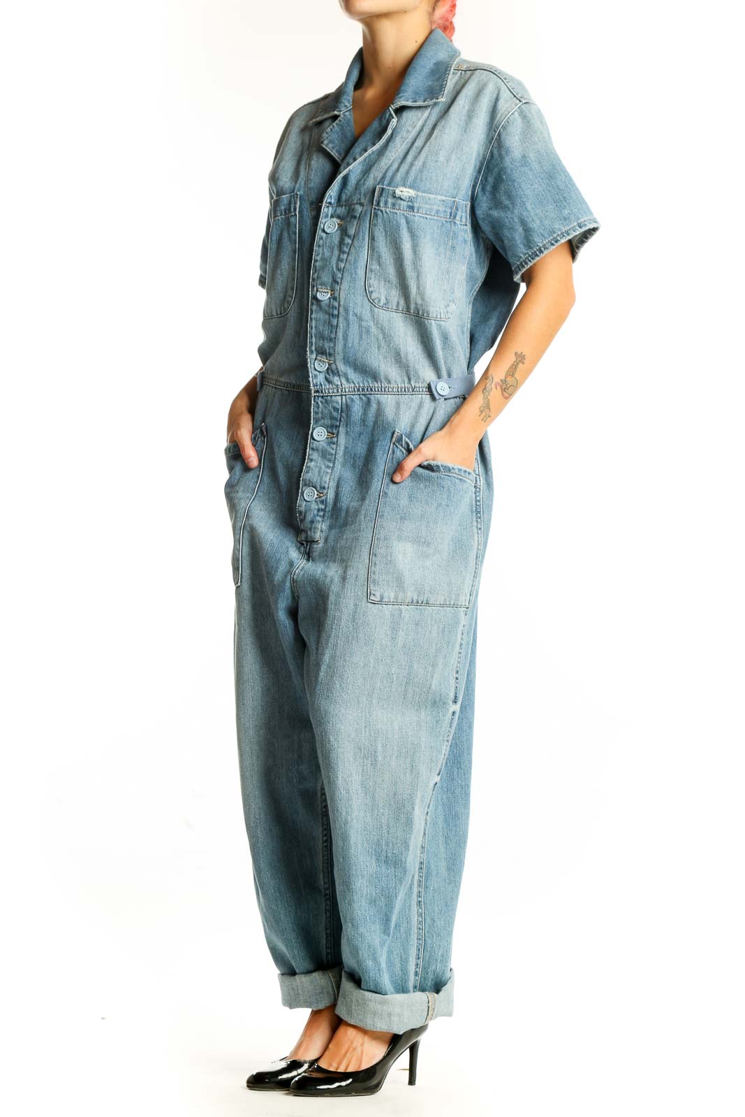 Front view of Pistola light blue denim short-sleeve jumpsuit