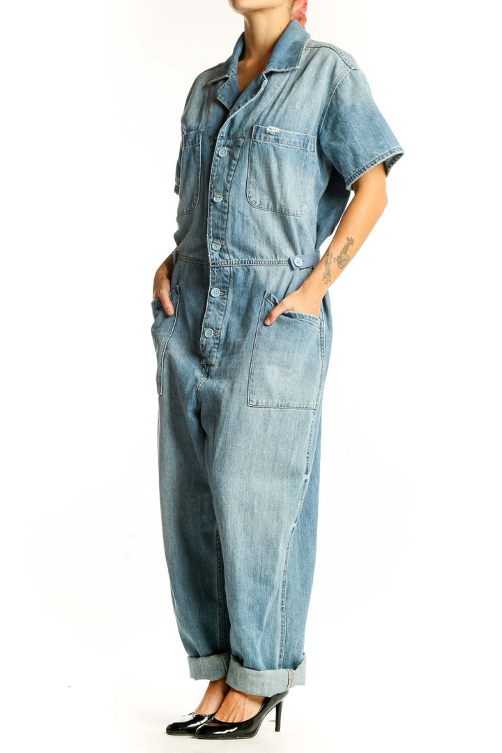 Front view of Pistola light blue denim short-sleeve jumpsuit