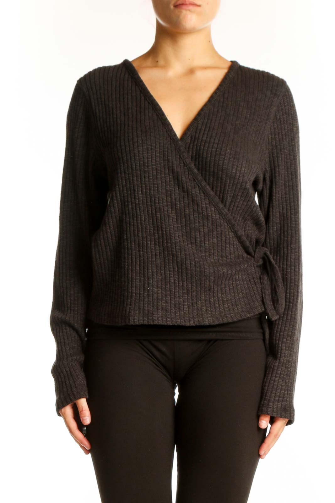 Front view of Everlane charcoal ribbed wrap sweater with V-neck
