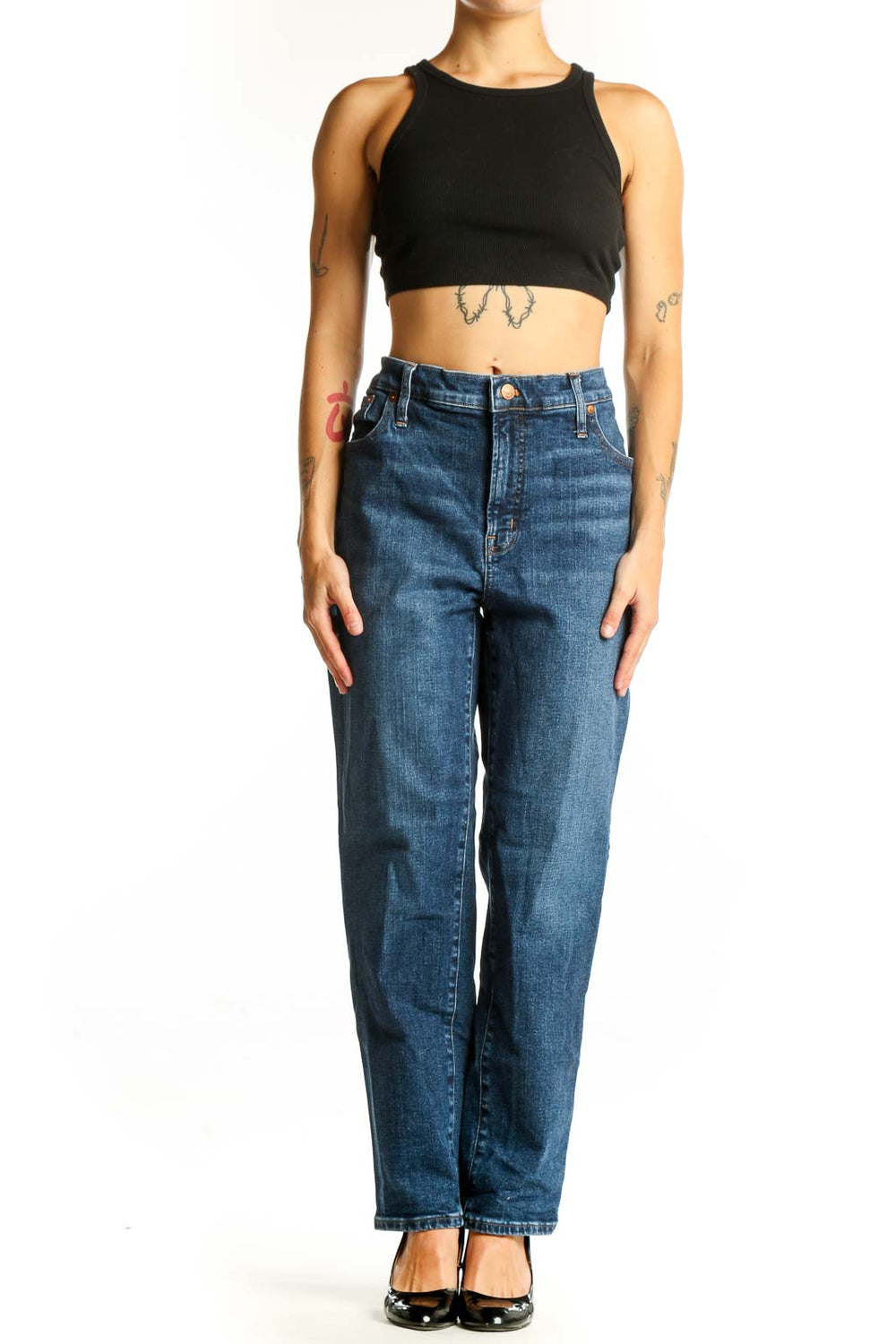 Front view of Madewell blue straight-leg jeans on model