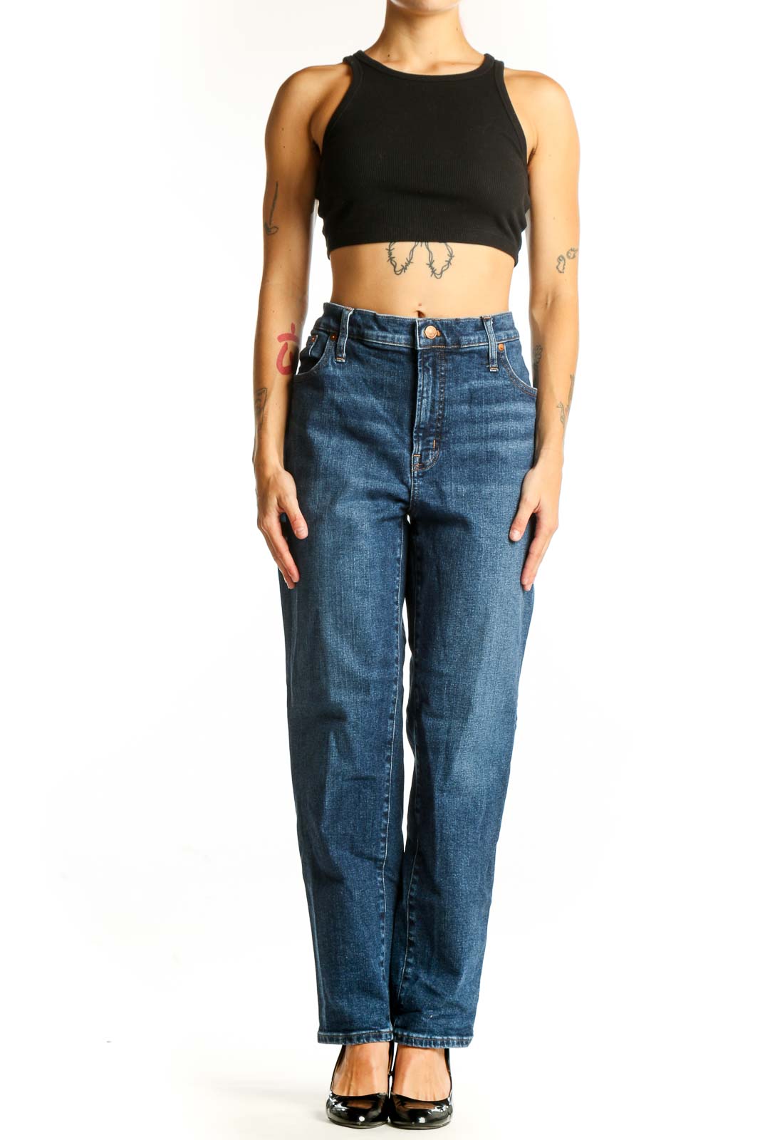 Front view of Madewell blue straight-leg jeans on model