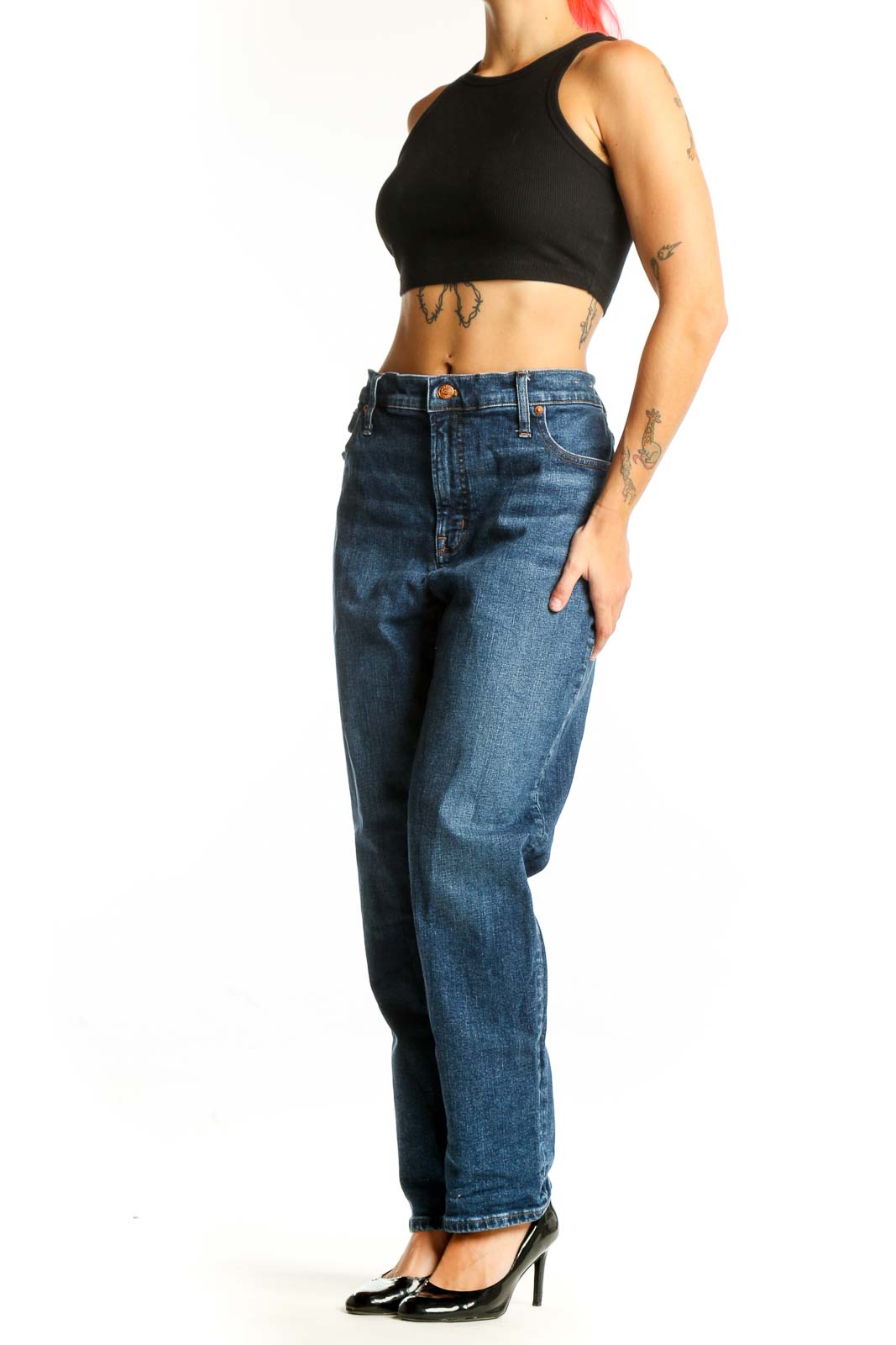 Front view of Madewell blue straight-leg jeans on model