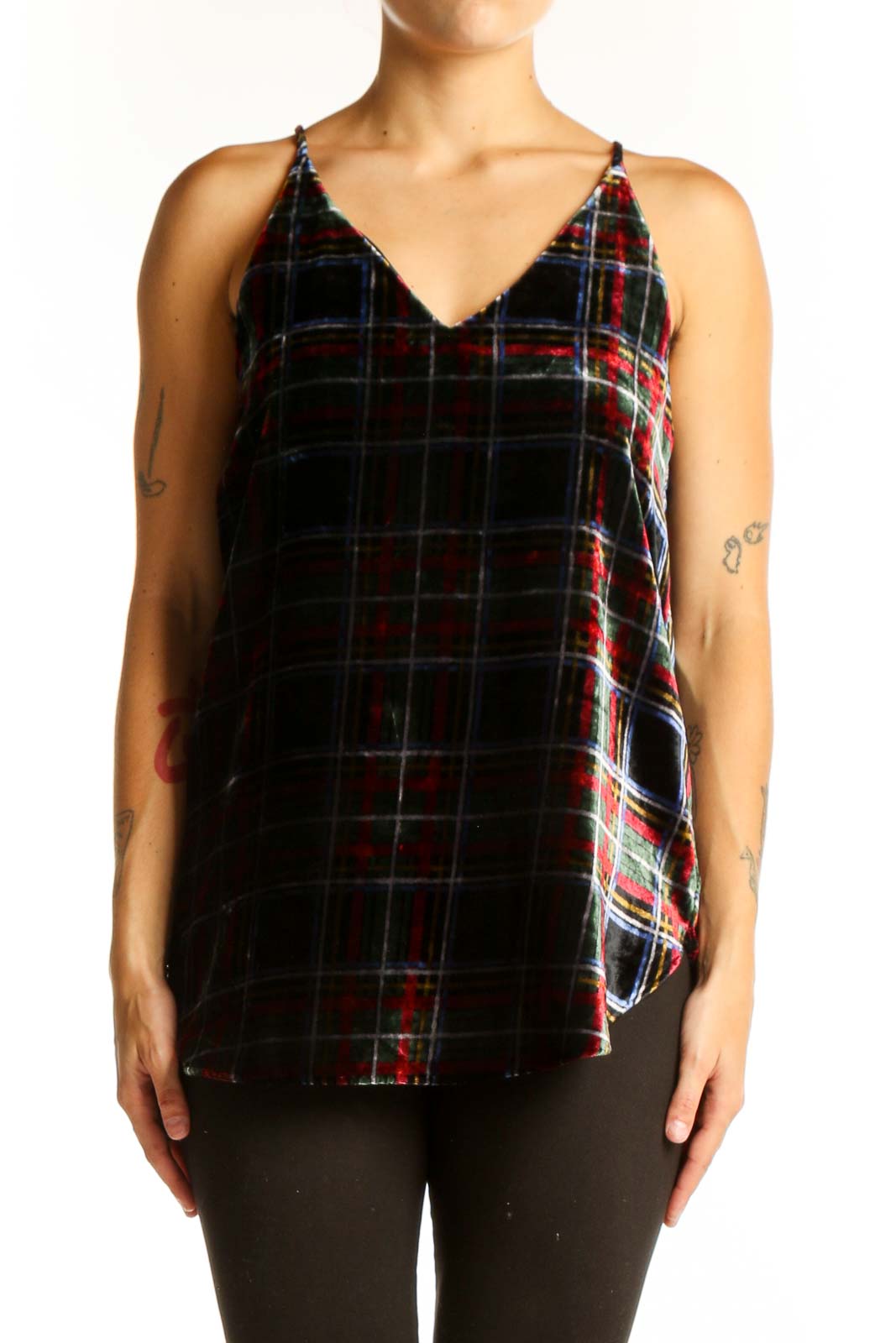 Front view of LOFT black plaid velvet camisole top with V-neckline