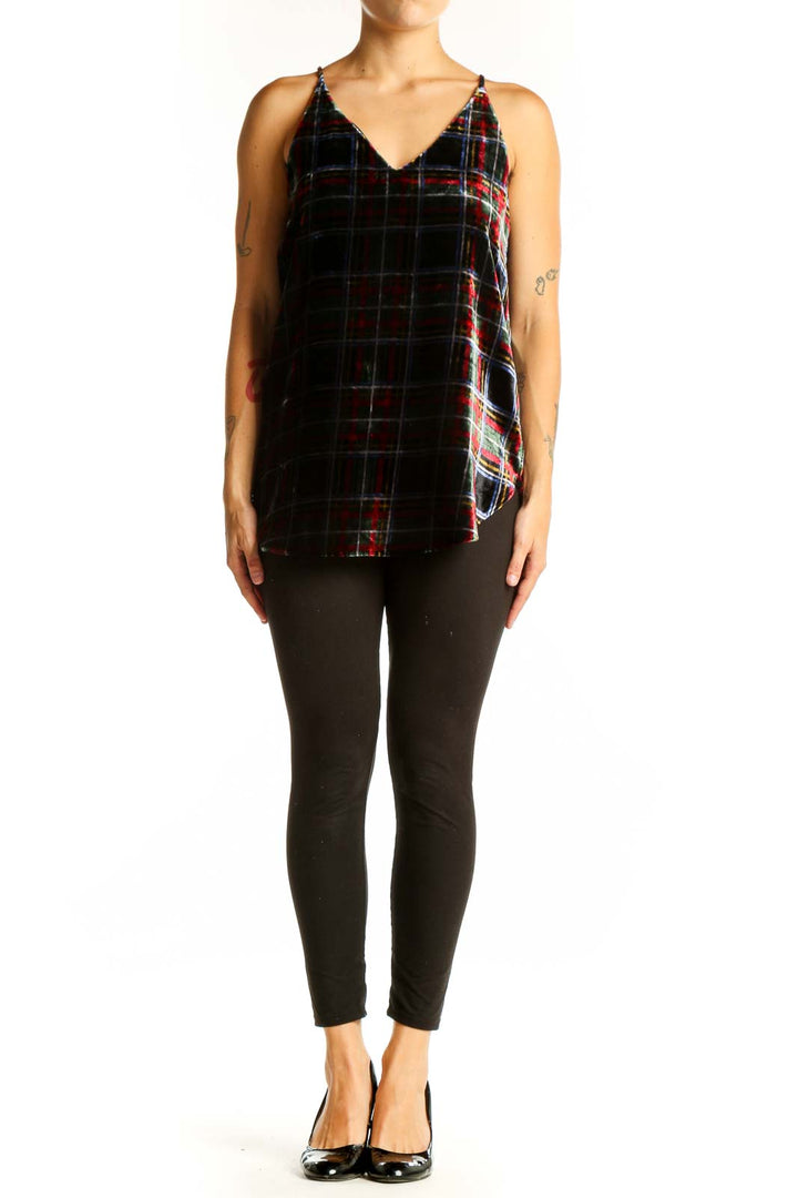 Front view of LOFT black plaid velvet camisole top with V-neckline