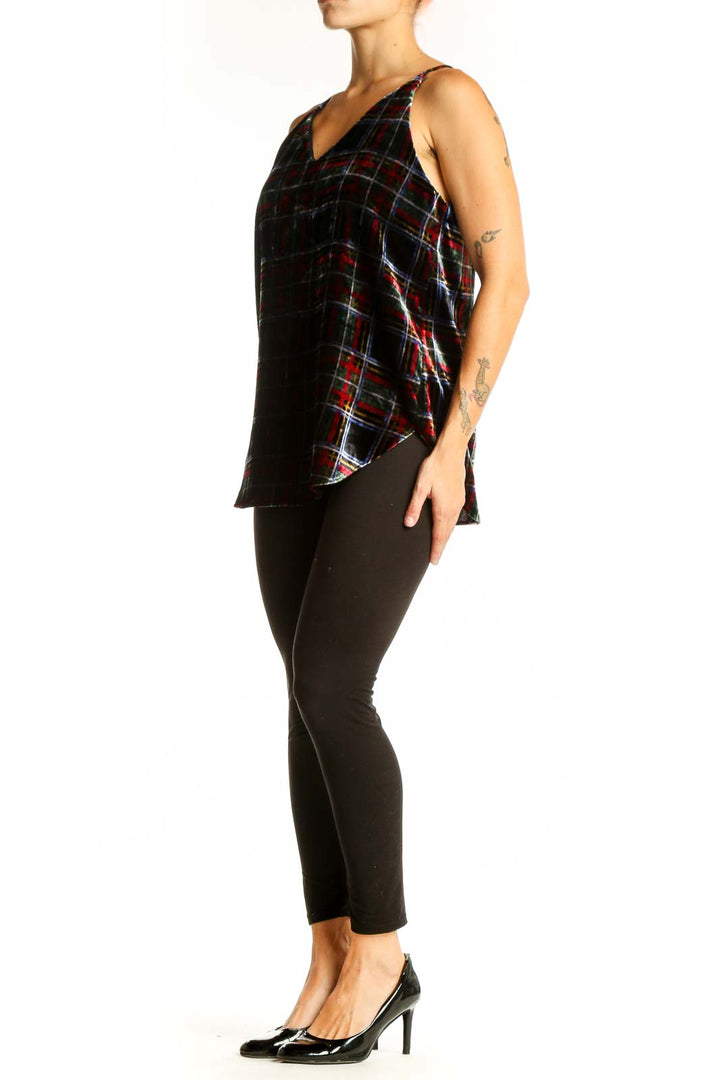 Front view of LOFT black plaid velvet camisole top with V-neckline