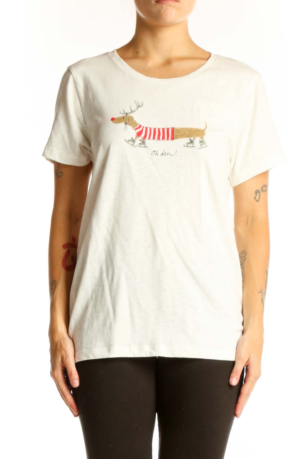 Front view of white J.Crew t-shirt with festive dachshund graphic