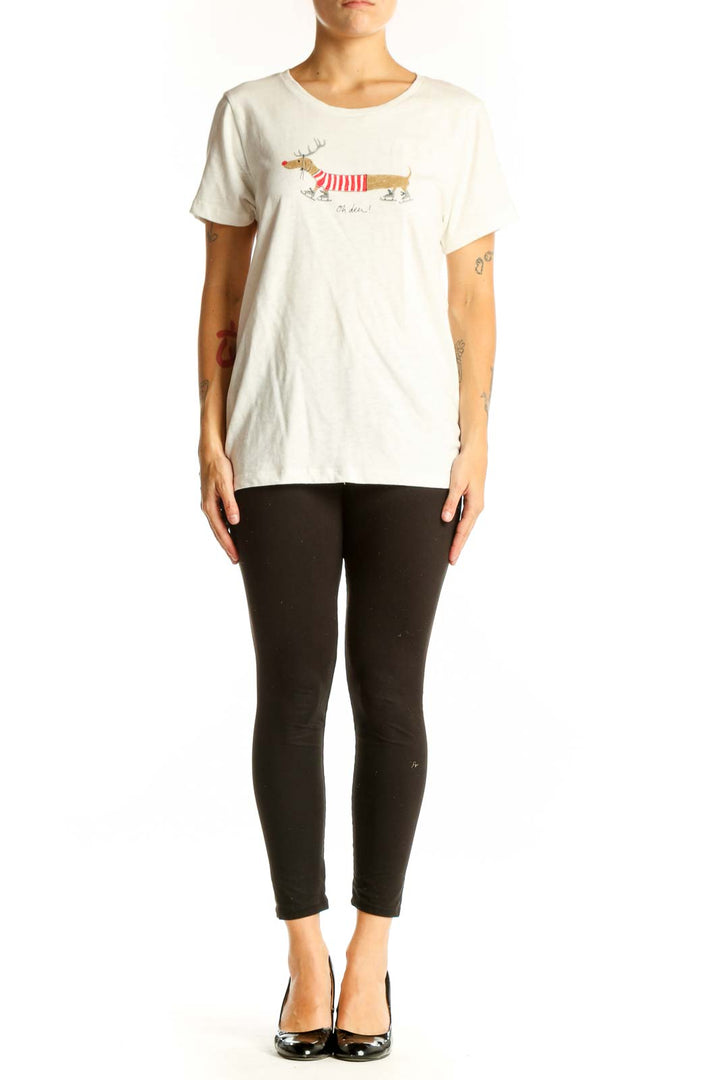 Front view of white J.Crew t-shirt with festive dachshund graphic