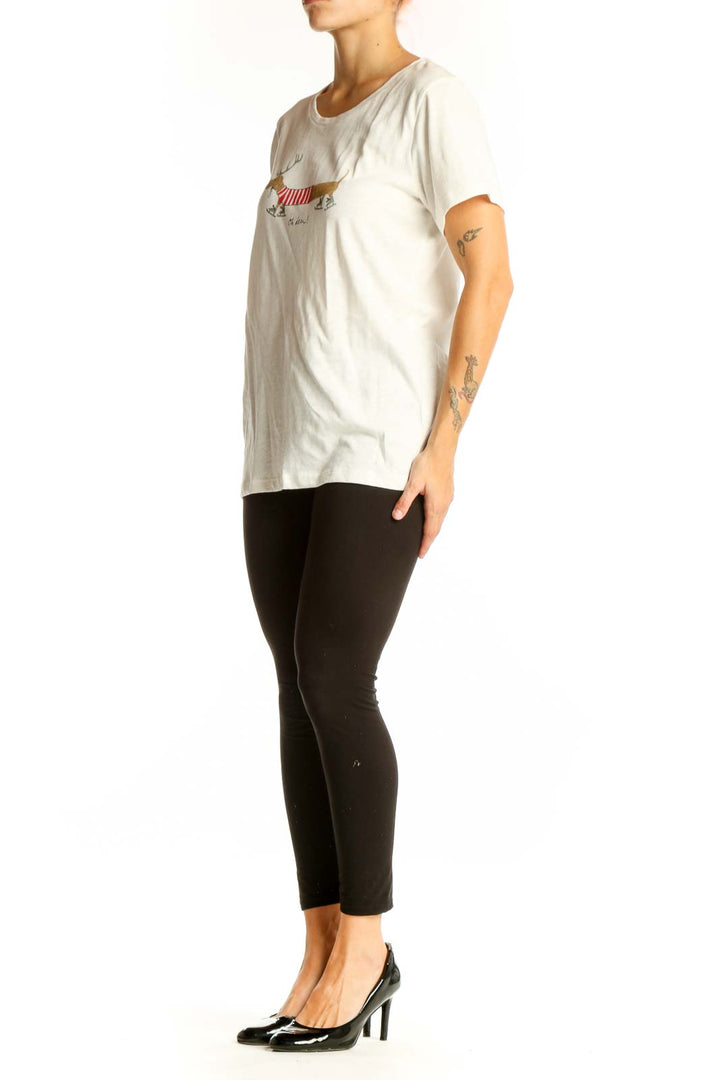 Front view of white J.Crew t-shirt with festive dachshund graphic