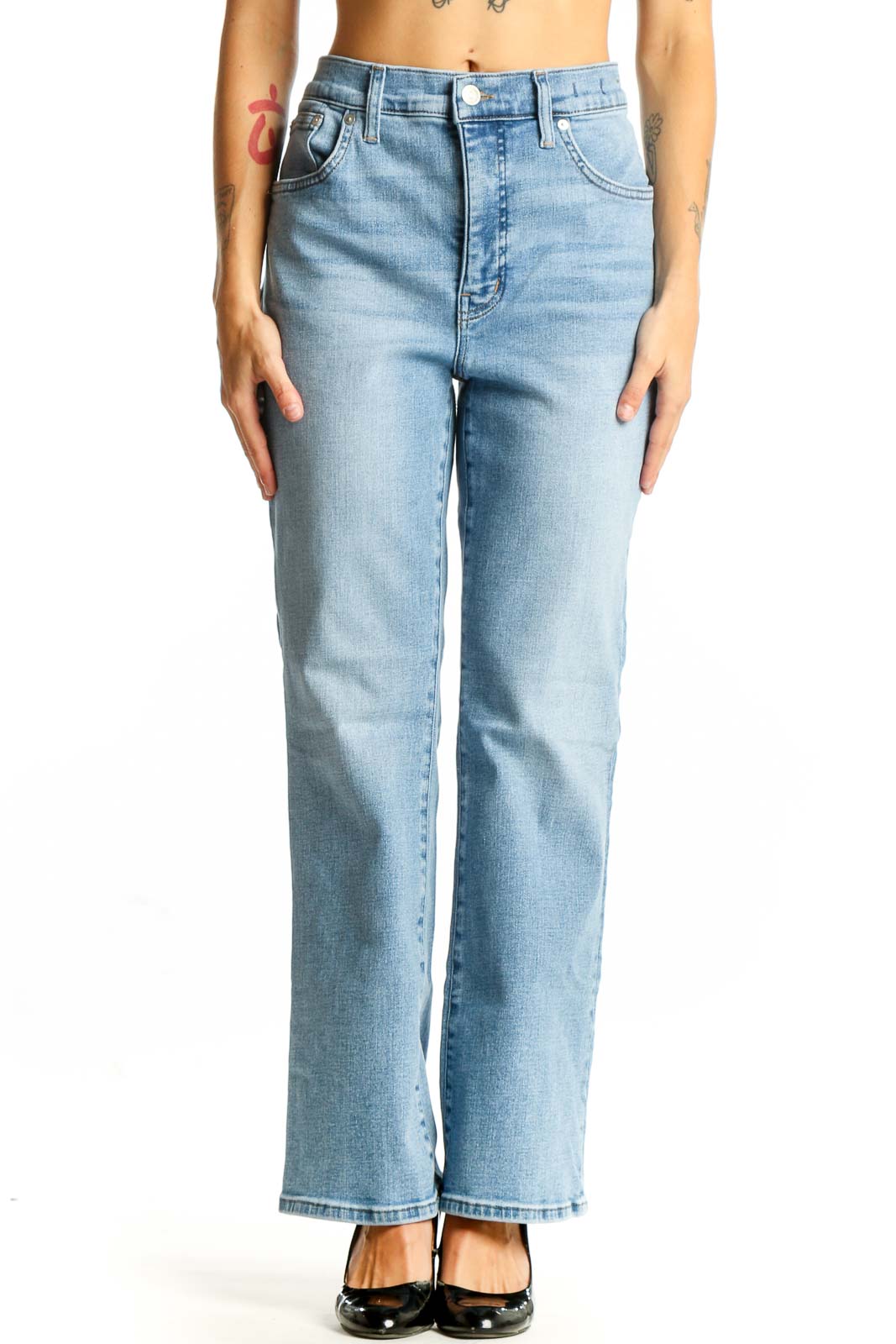 Front view of Madewell light blue high-waisted straight-leg jeans