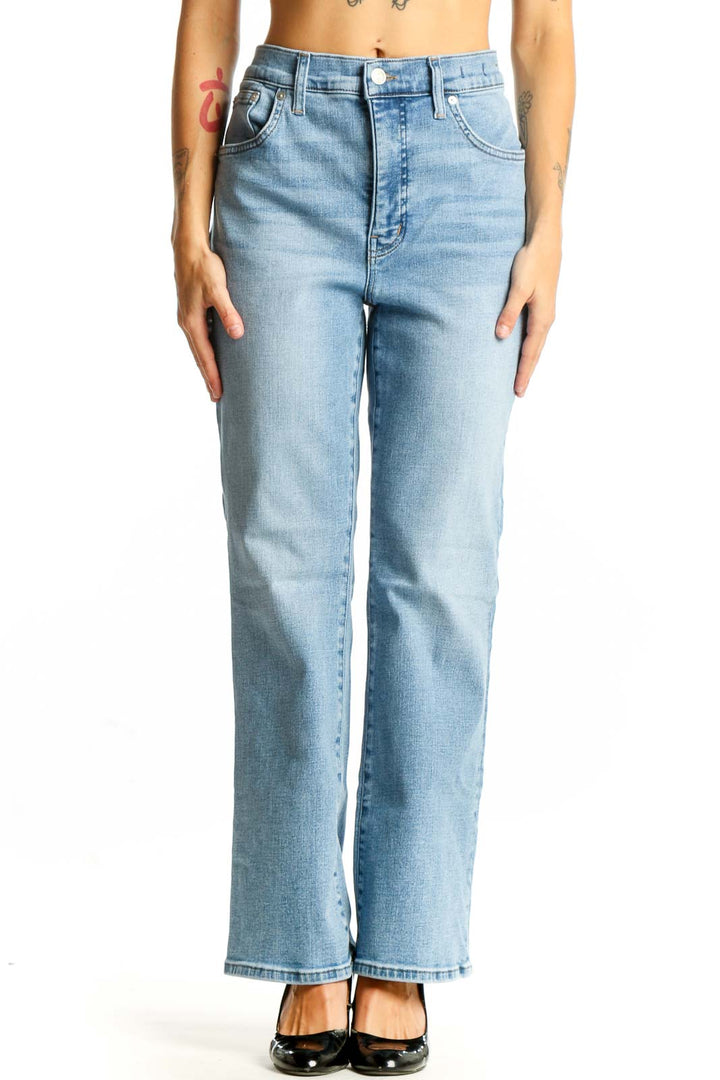 Front view of Madewell light blue high-waisted straight-leg jeans