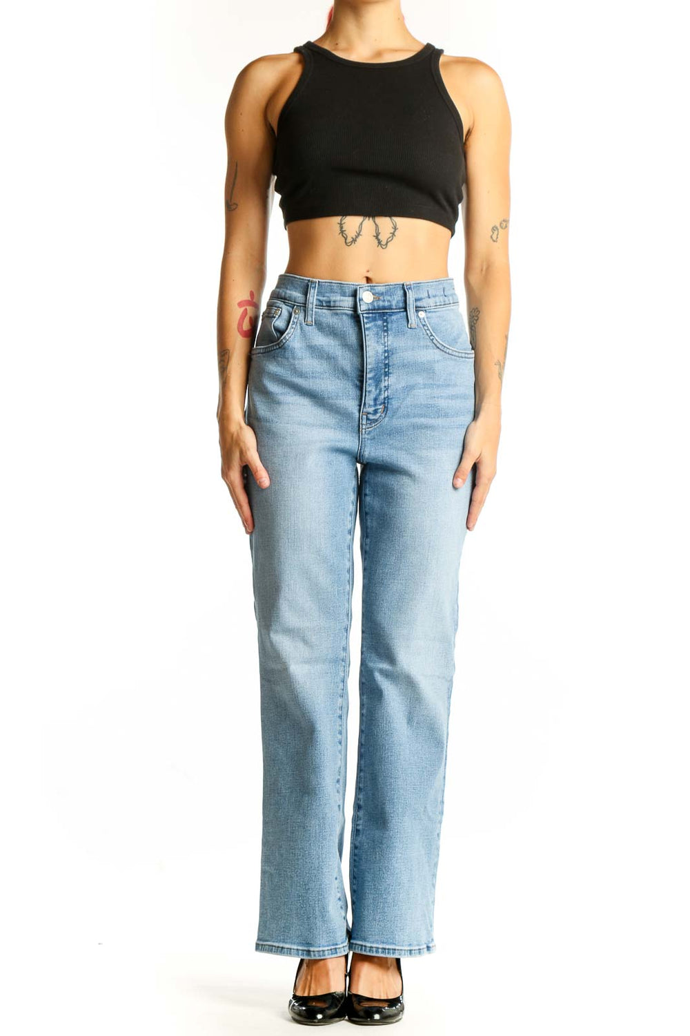 Front view of Madewell light blue high-waisted straight-leg jeans