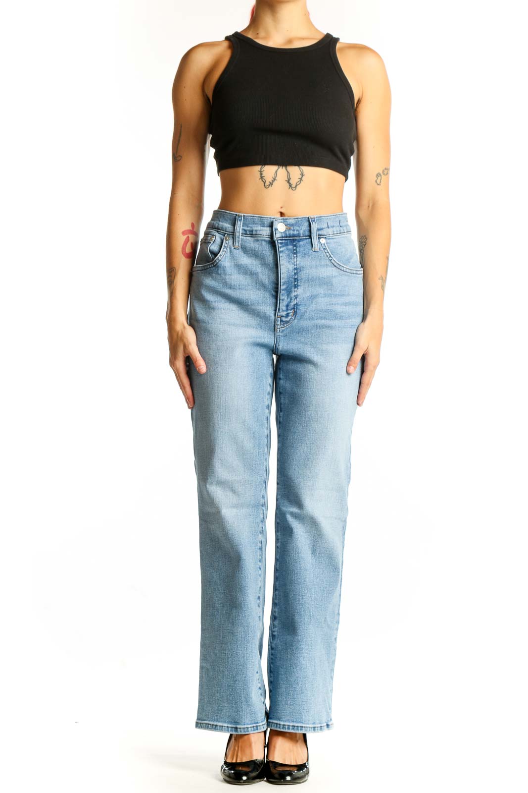 Front view of Madewell light blue high-waisted straight-leg jeans