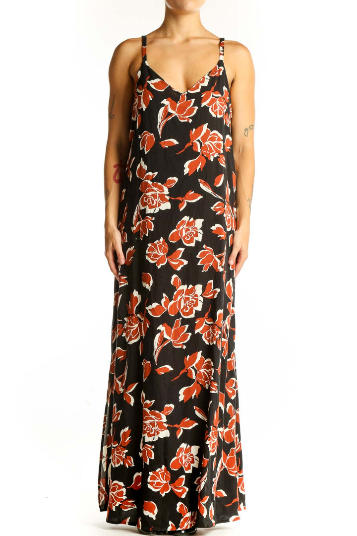 Front view of Vince Camuto black maxi dress with orange floral print
