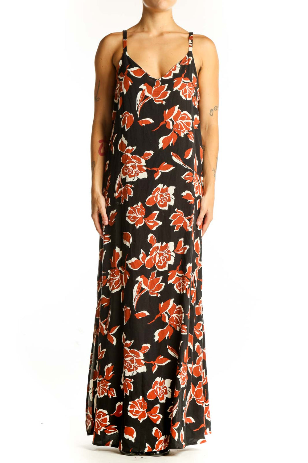 Front view of Vince Camuto black maxi dress with orange floral print