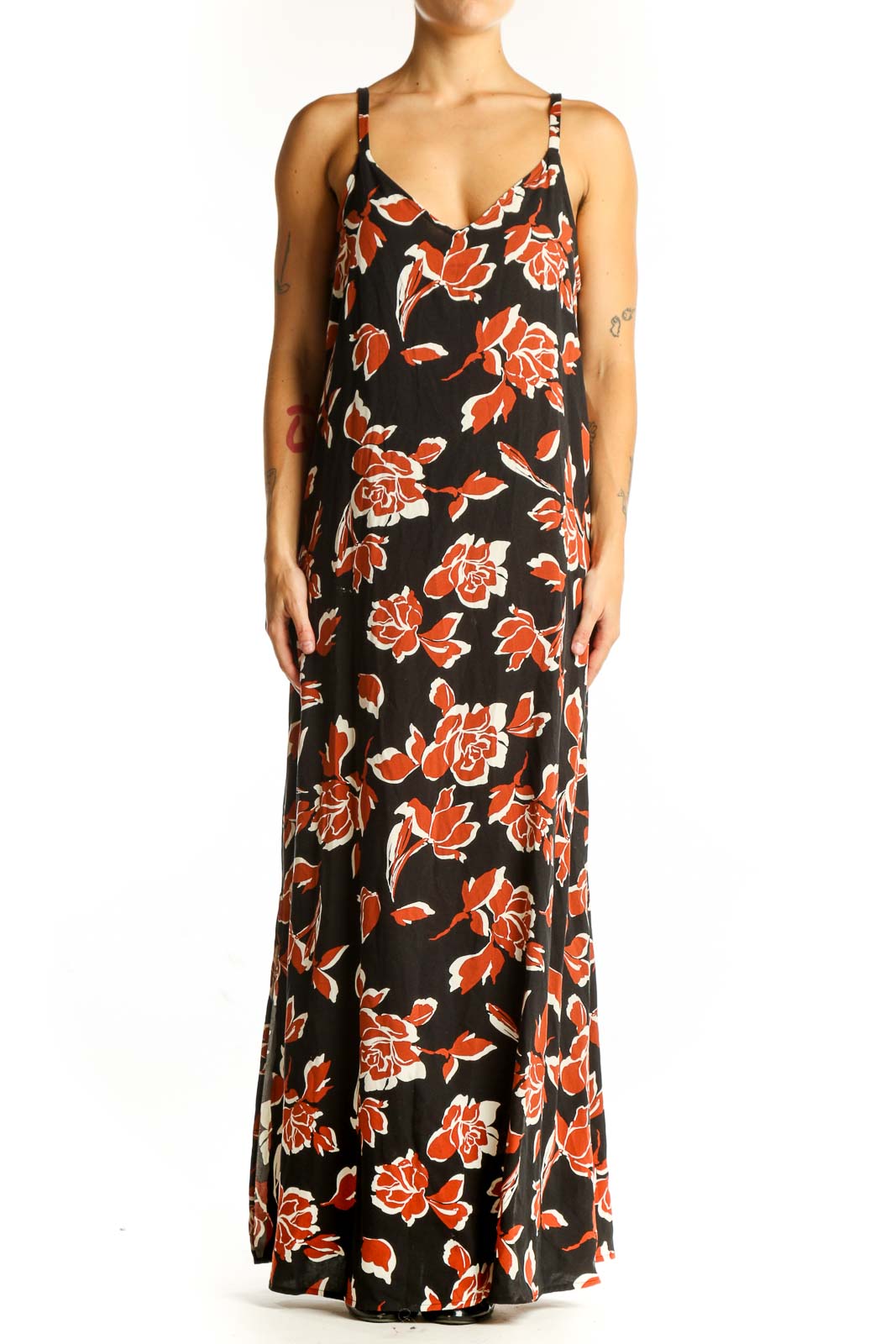 Front view of Vince Camuto black maxi dress with orange floral print