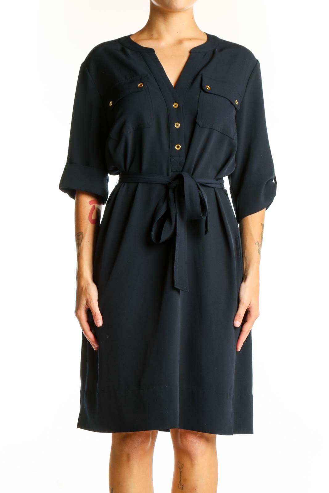 Front view of Jones New York navy button-front shirt dress with belt