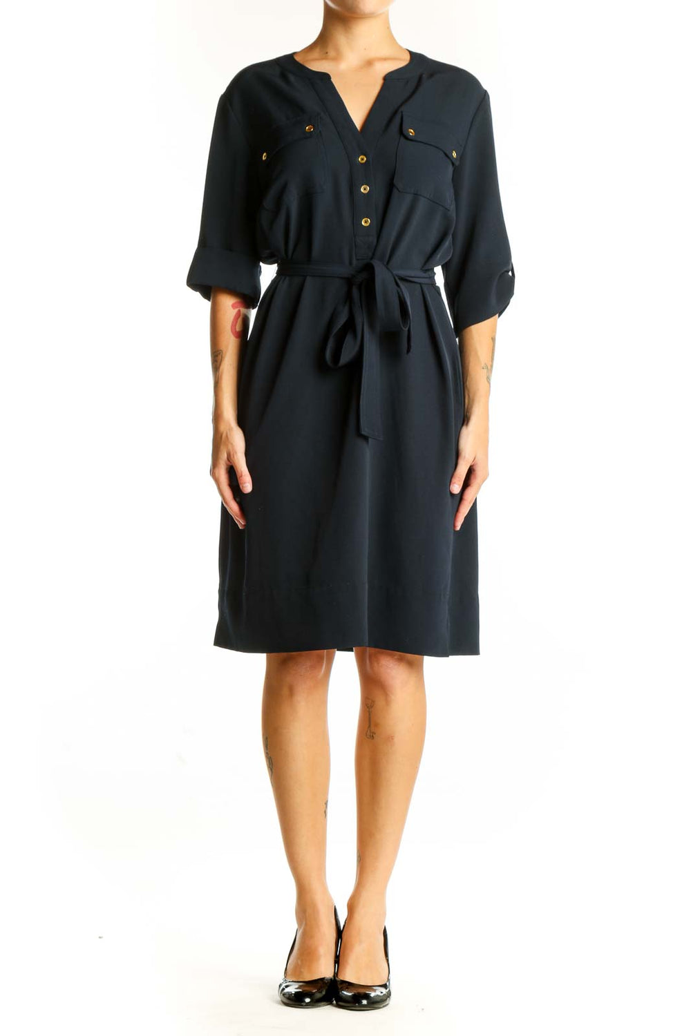 Front view of Jones New York navy button-front shirt dress with belt
