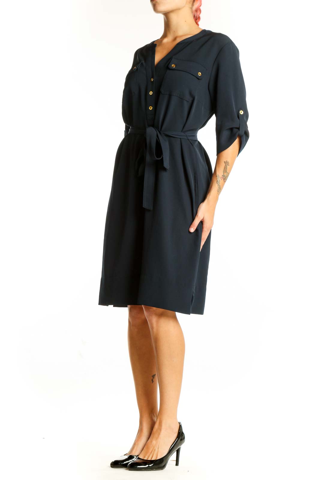 Front view of Jones New York navy button-front shirt dress with belt