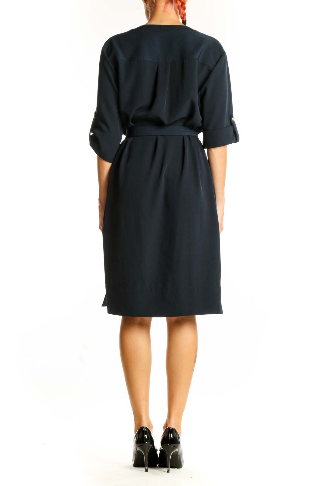 Side view of Jones New York navy belted shirt dress showing sleeve detail