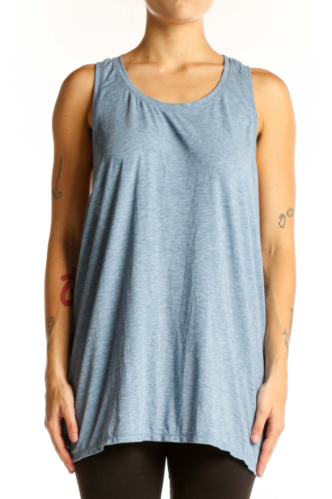 Front view of blue GapFit sleeveless tank top on model
