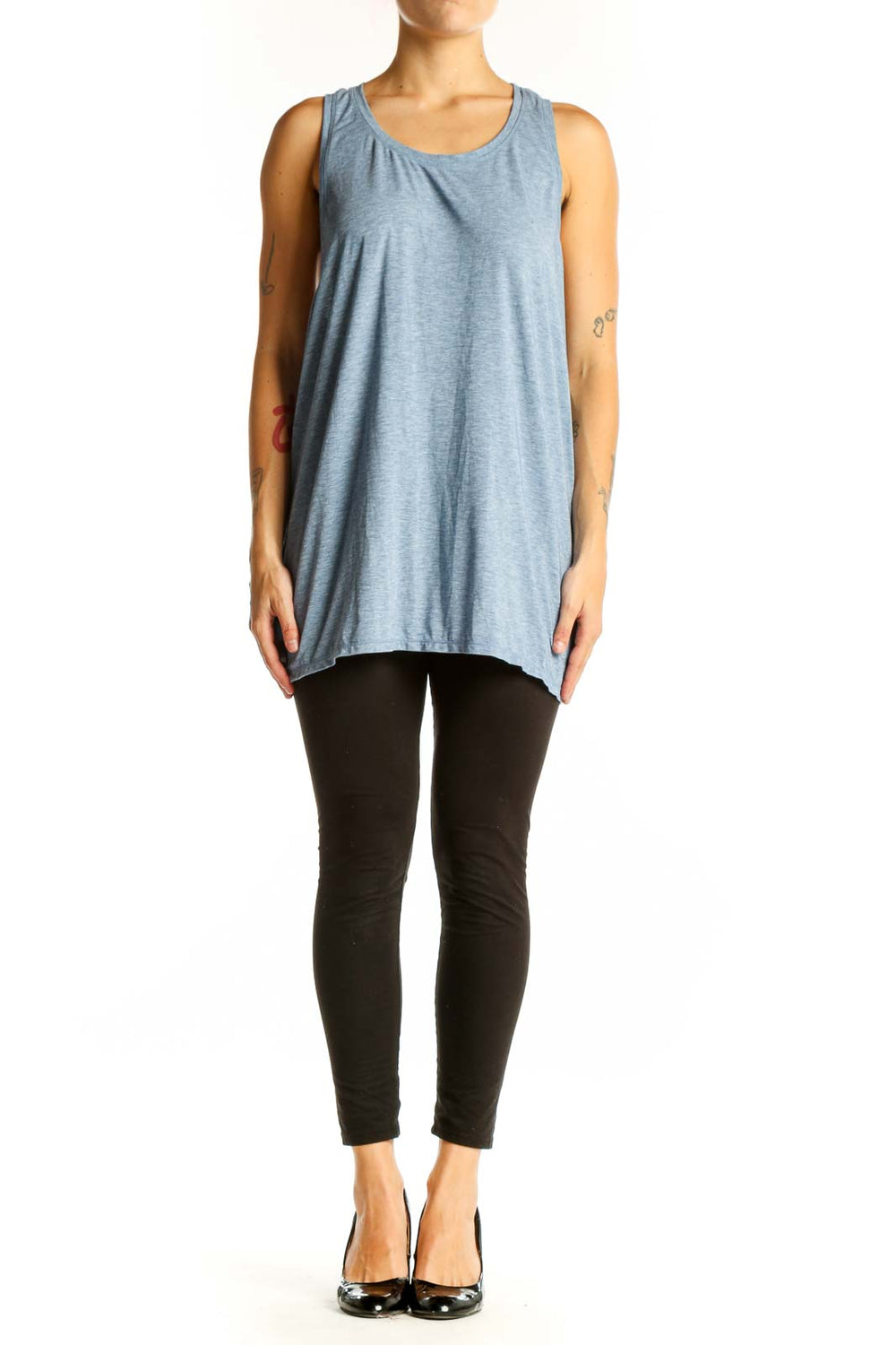 Front view of blue GapFit sleeveless tank top on model