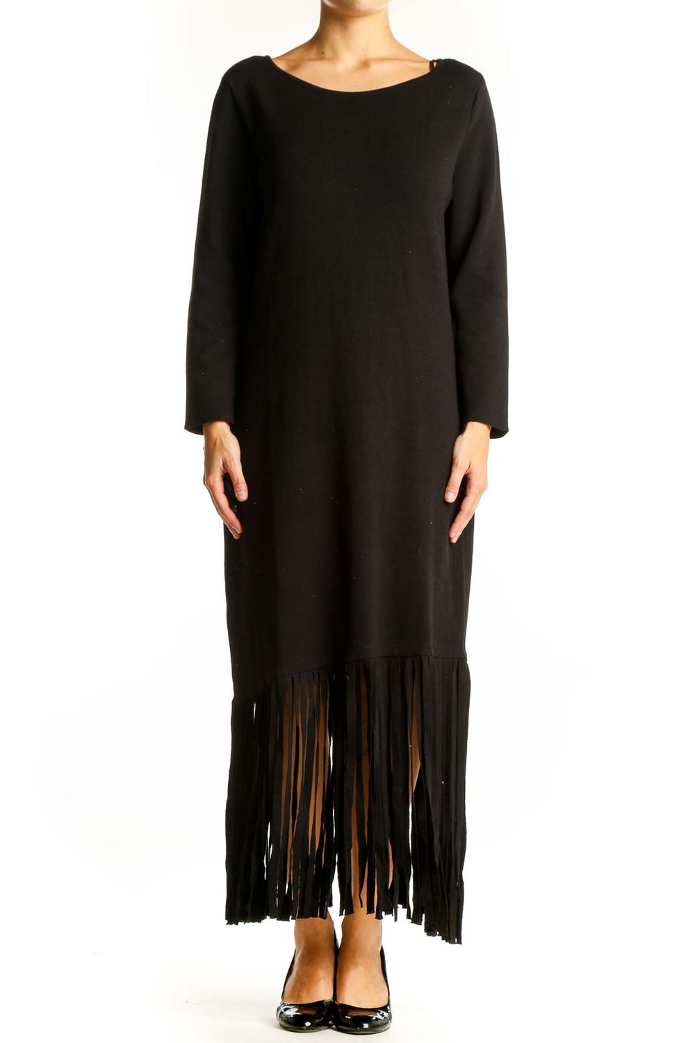 Front view of black Anne Klein maxi dress with fringe detail