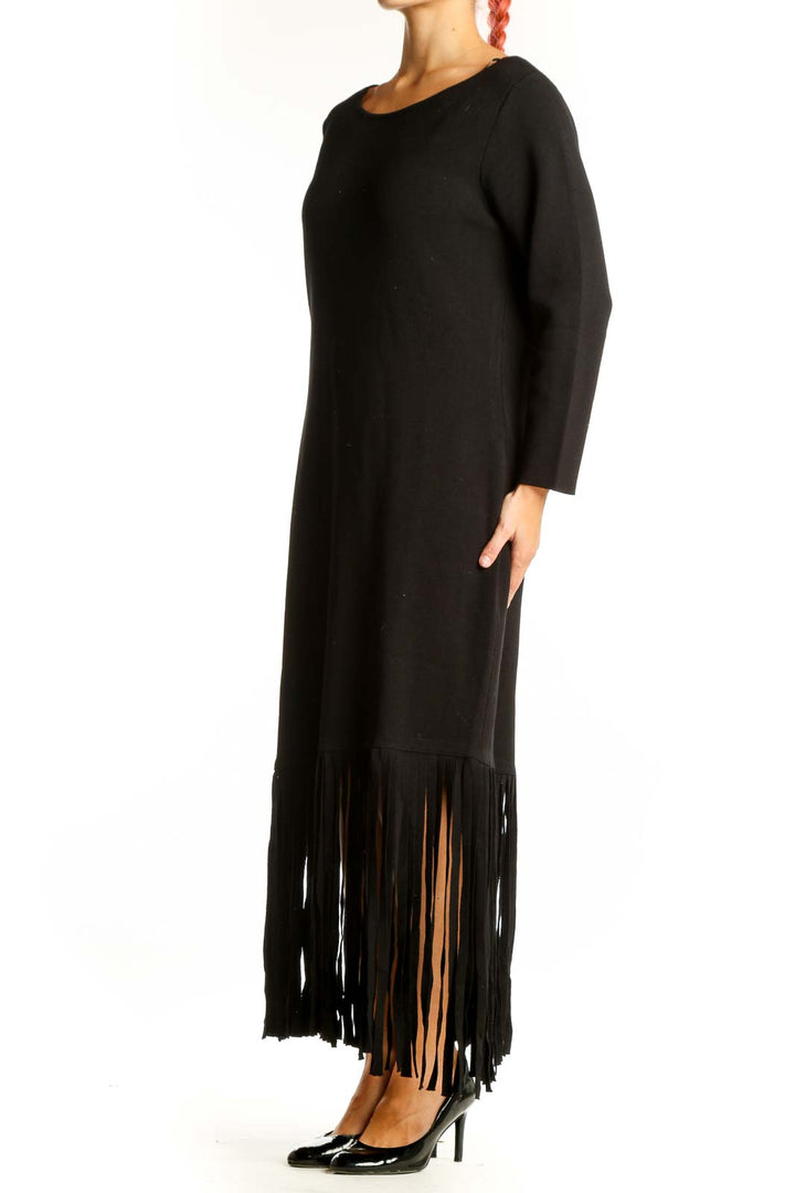 Front view of black Anne Klein maxi dress with fringe detail