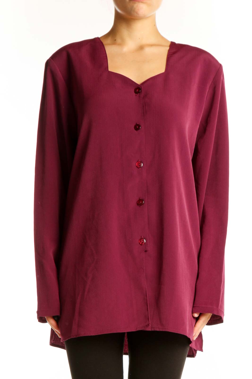 Front view of burgundy oversized button-front tunic top by Maggie Sweet