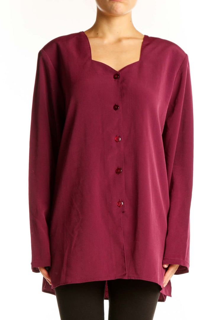 Front view of burgundy oversized button-front tunic top by Maggie Sweet