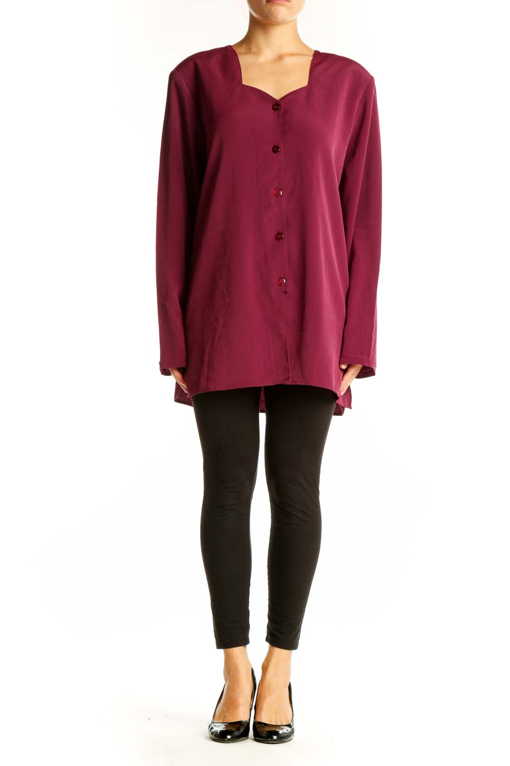 Front view of burgundy oversized button-front tunic top by Maggie Sweet