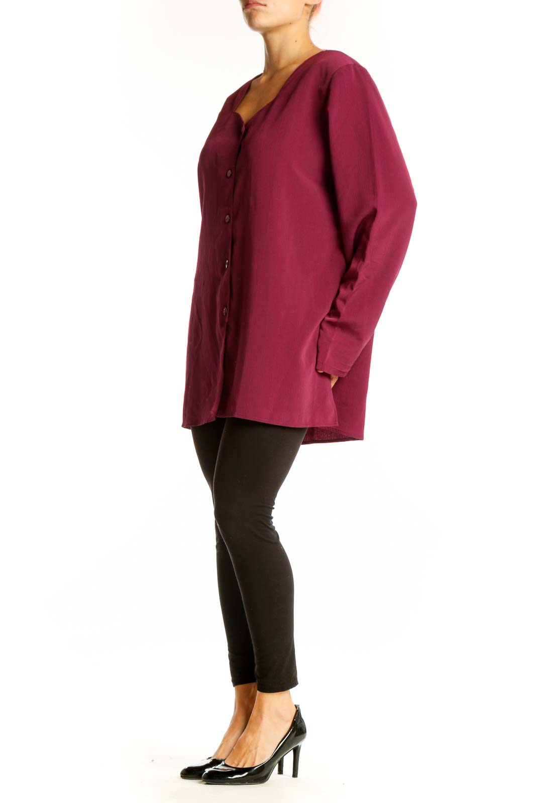Front view of burgundy oversized button-front tunic top by Maggie Sweet