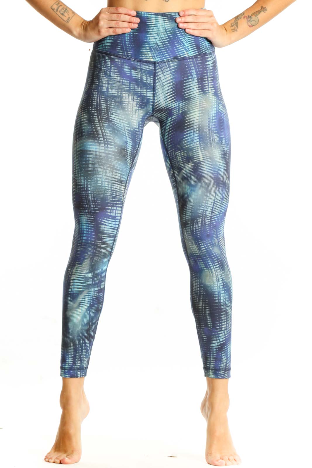 Front view of Lululemon blue patterned high-waist activewear leggings