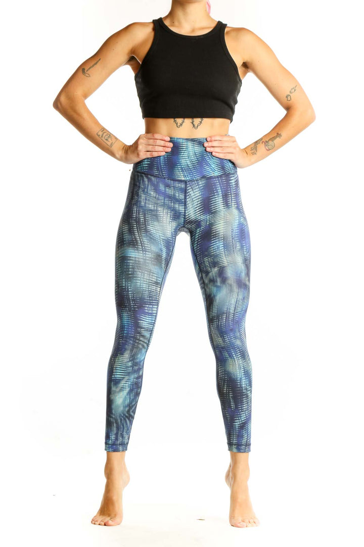 Front view of Lululemon blue patterned high-waist activewear leggings