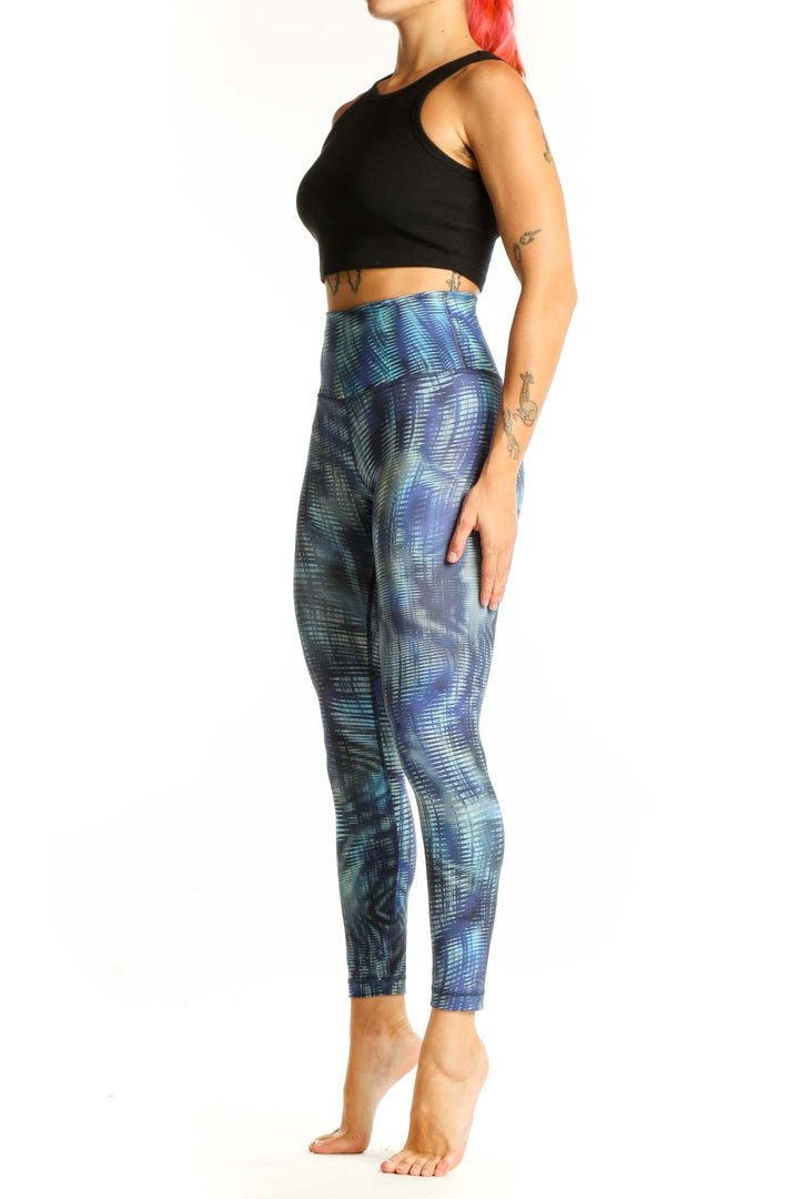 Front view of Lululemon blue patterned high-waist activewear leggings
