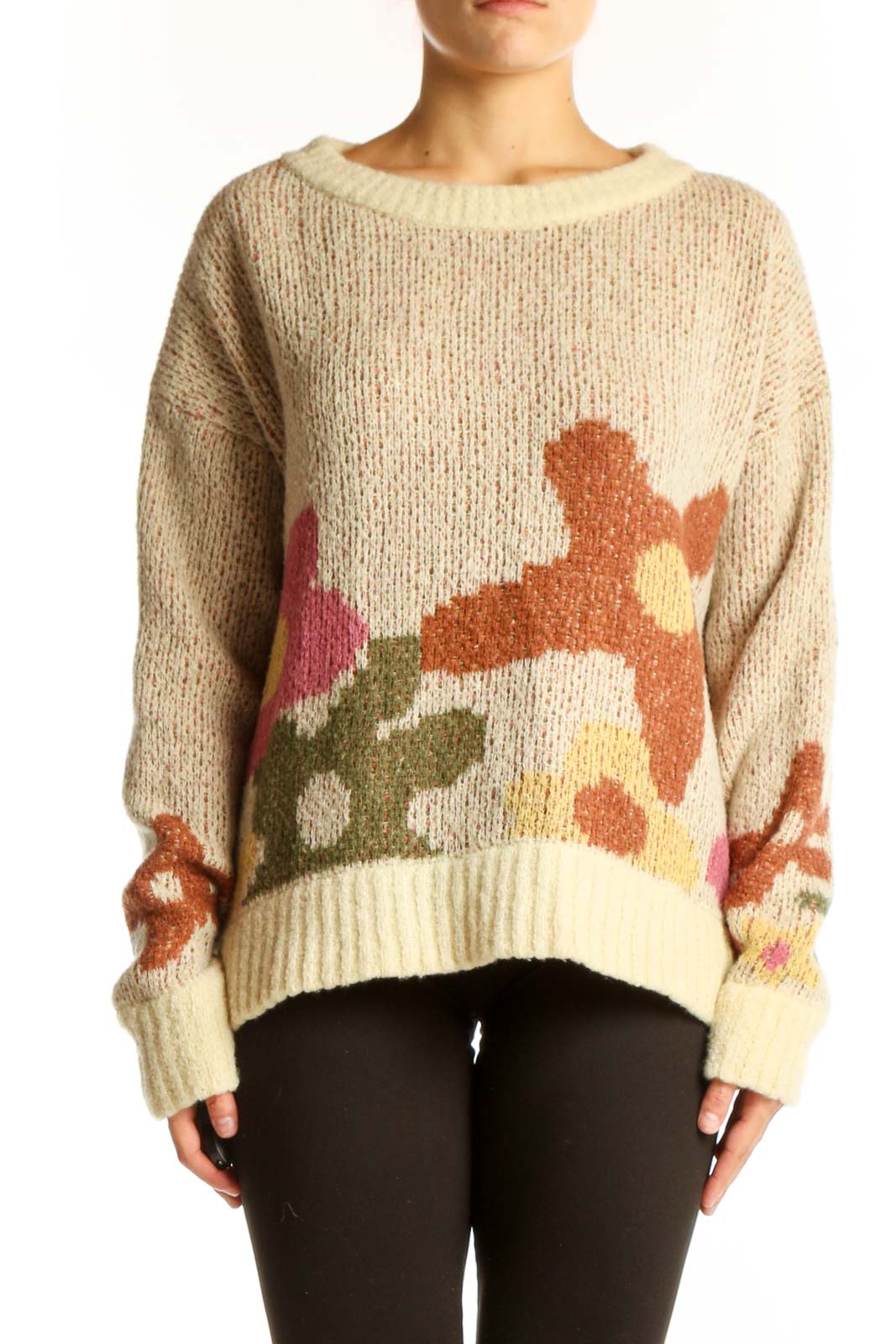 Front view of Toad&Co beige knit sweater with floral pattern
