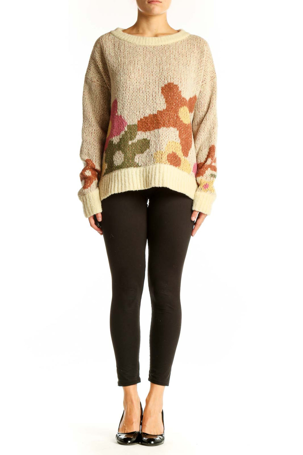 Front view of Toad&Co beige knit sweater with floral pattern