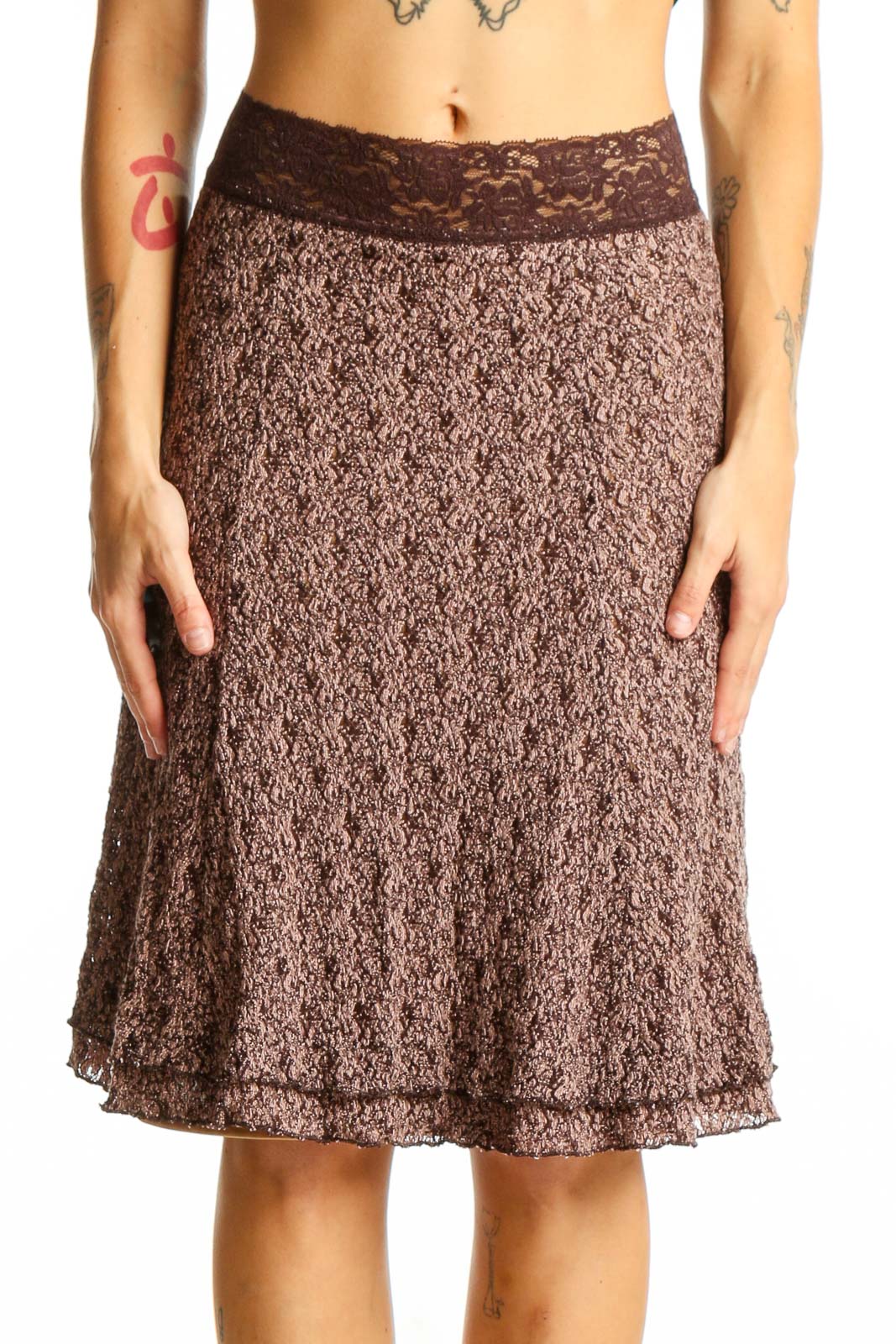 Front view of brown textured A-line skirt with lace waistband