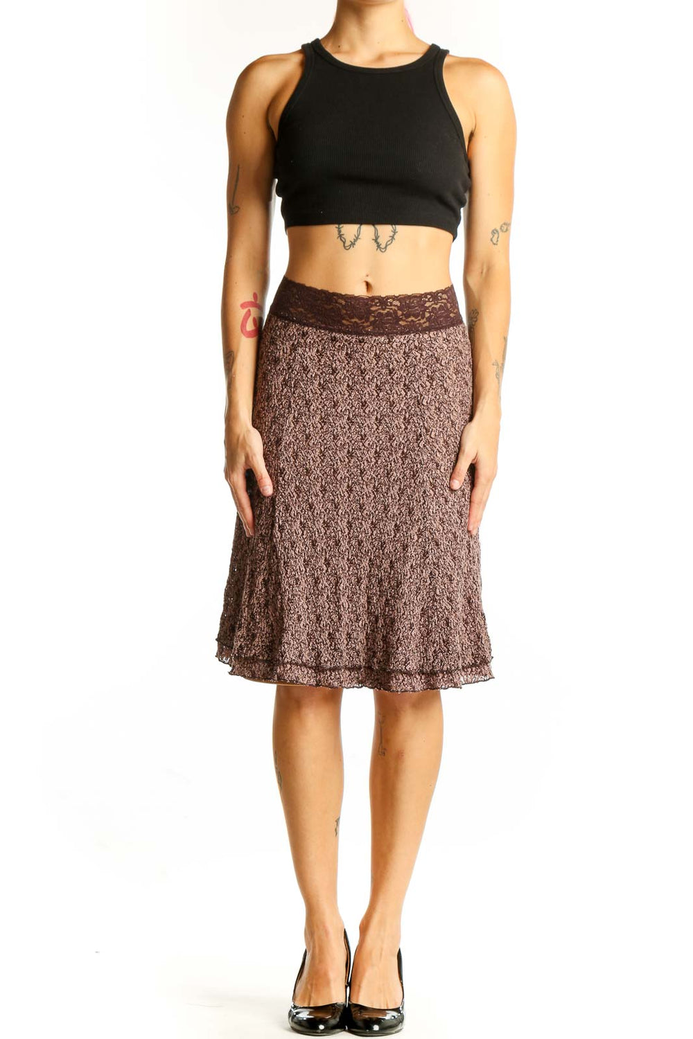 Front view of brown textured A-line skirt with lace waistband