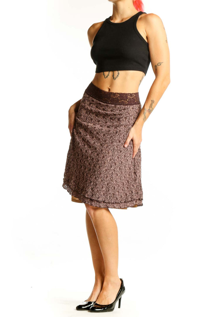 Front view of brown textured A-line skirt with lace waistband
