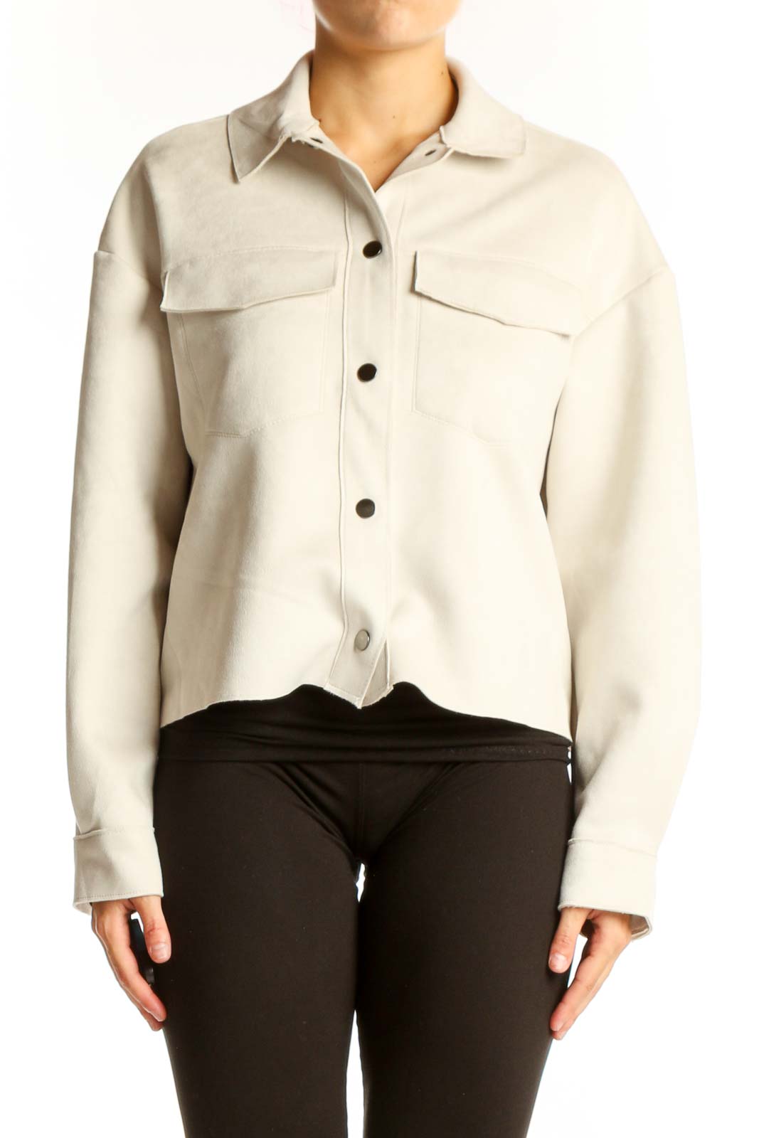 Front view of cream cropped button-up jacket by Truth By Republic