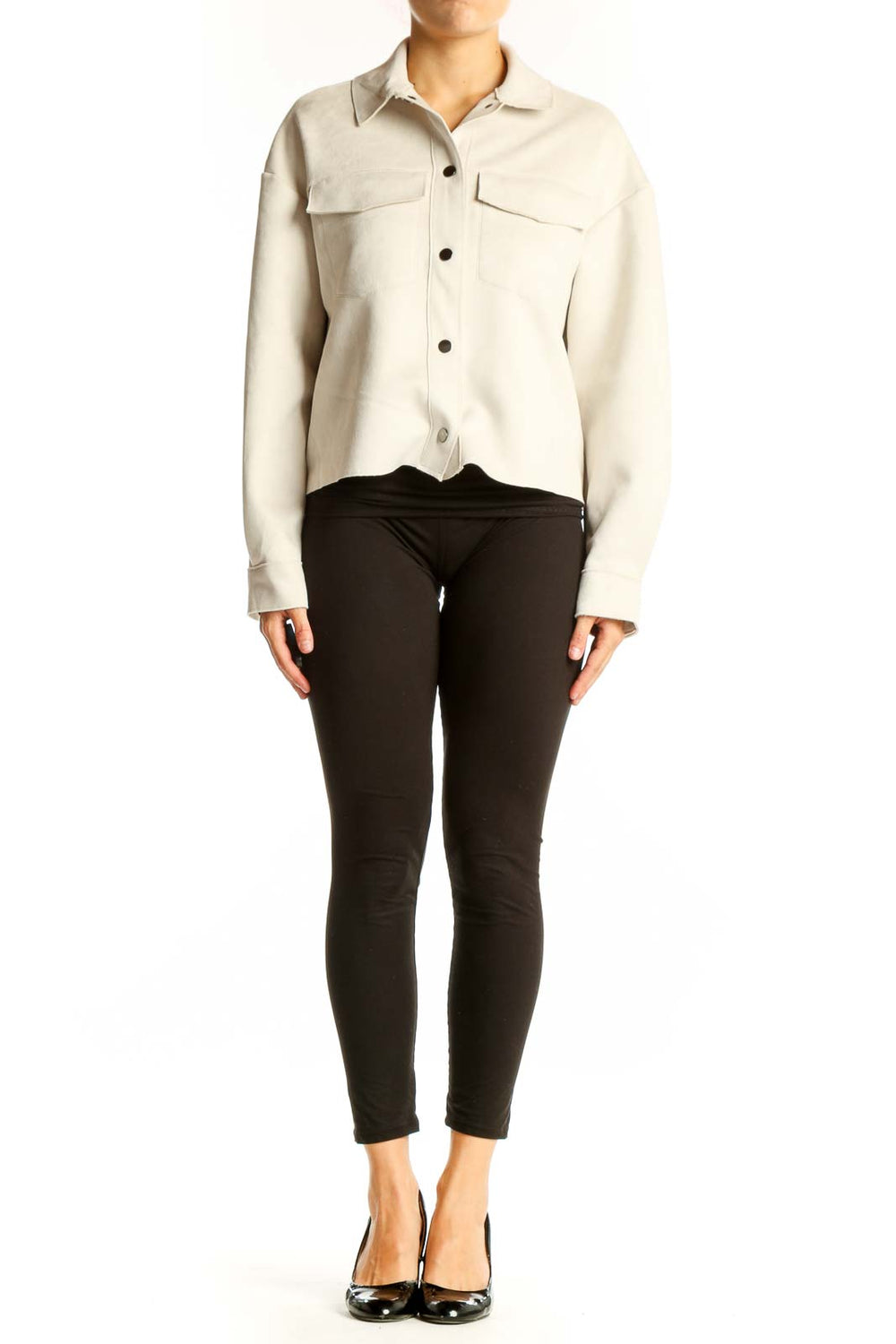 Front view of cream cropped button-up jacket by Truth By Republic