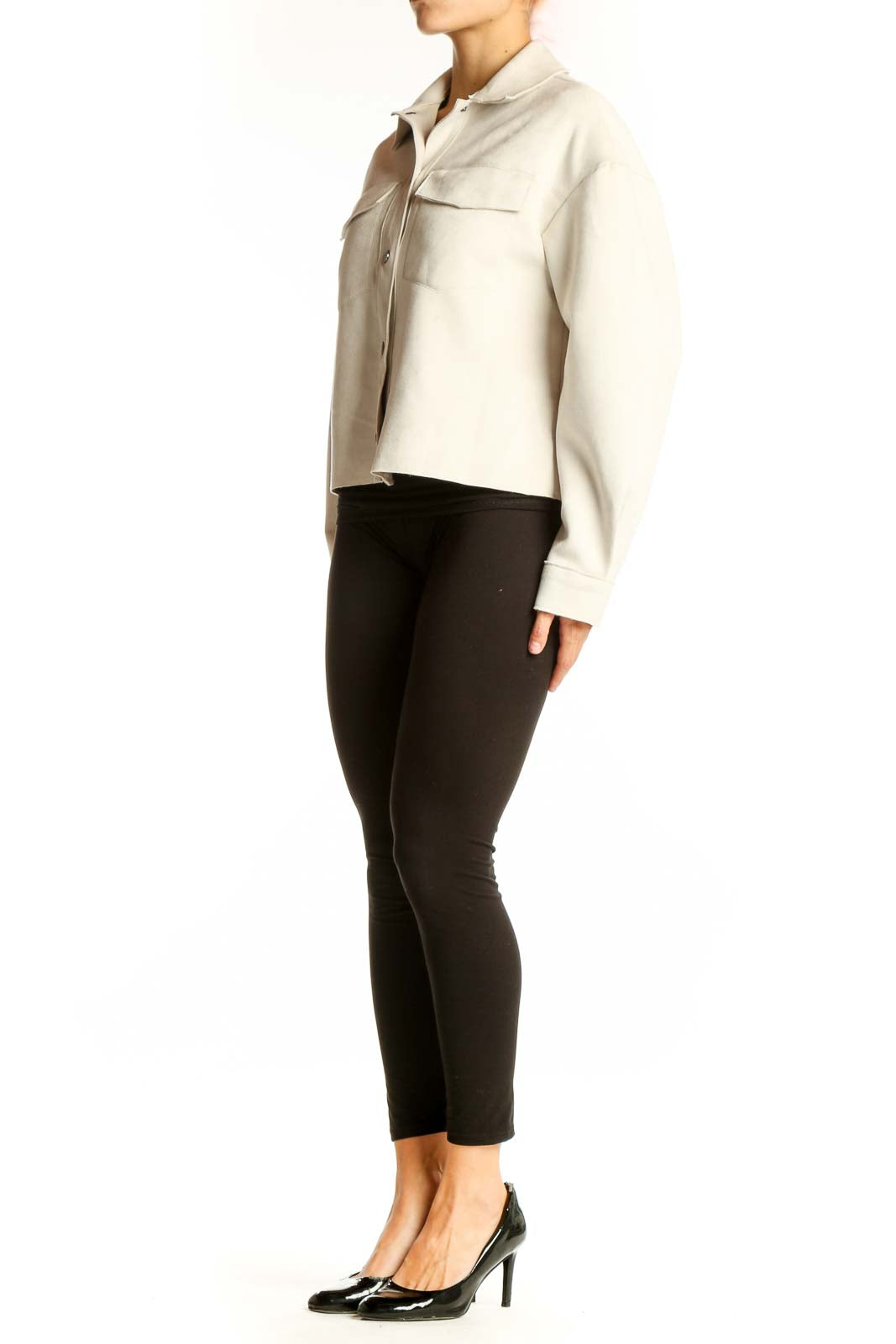 Front view of cream cropped button-up jacket by Truth By Republic