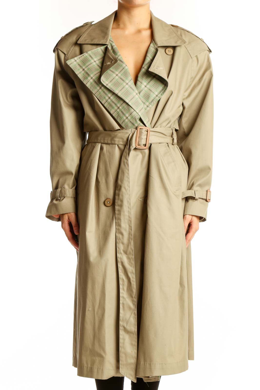 Front view of SilkRoll beige trench coat with green plaid lining