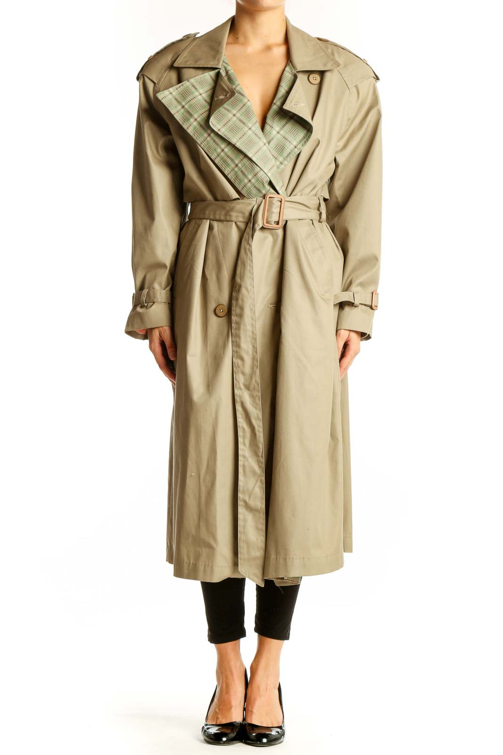 Front view of SilkRoll beige trench coat with green plaid lining